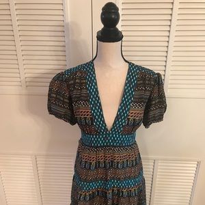 Anthropologie Teal and Brown Patterned Dress